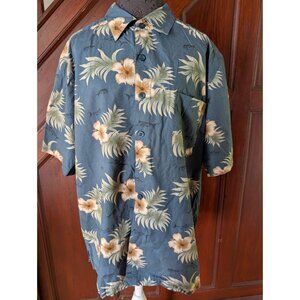 Vintage Weekender Hawaiian Shirt Blue Beige Hibiscus Palm Casual Button-Up XXL